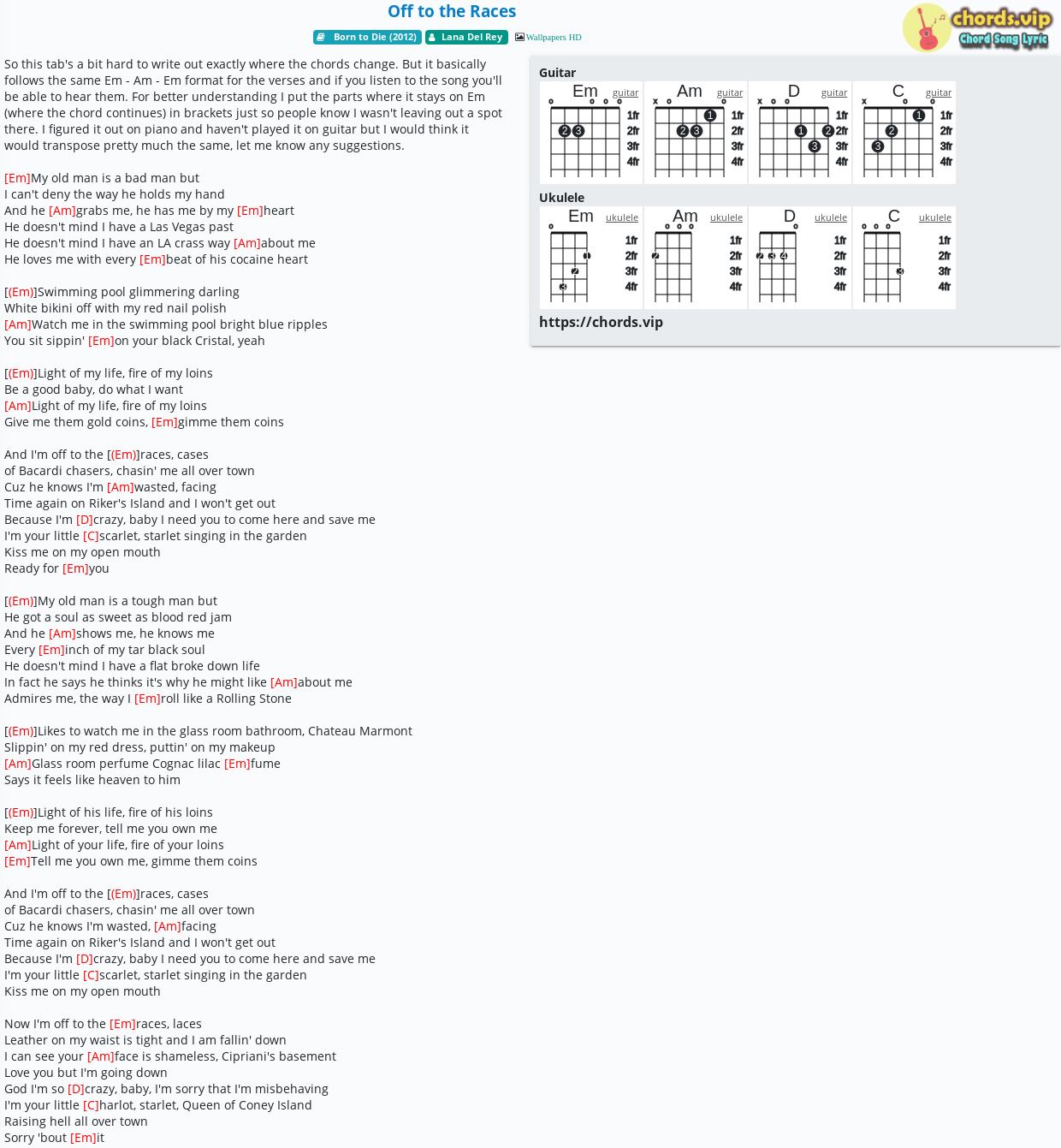 Chord: Off to the Races - Lana Del Rey - tab, song lyric, sheet, guitar, ukulele chords.vip