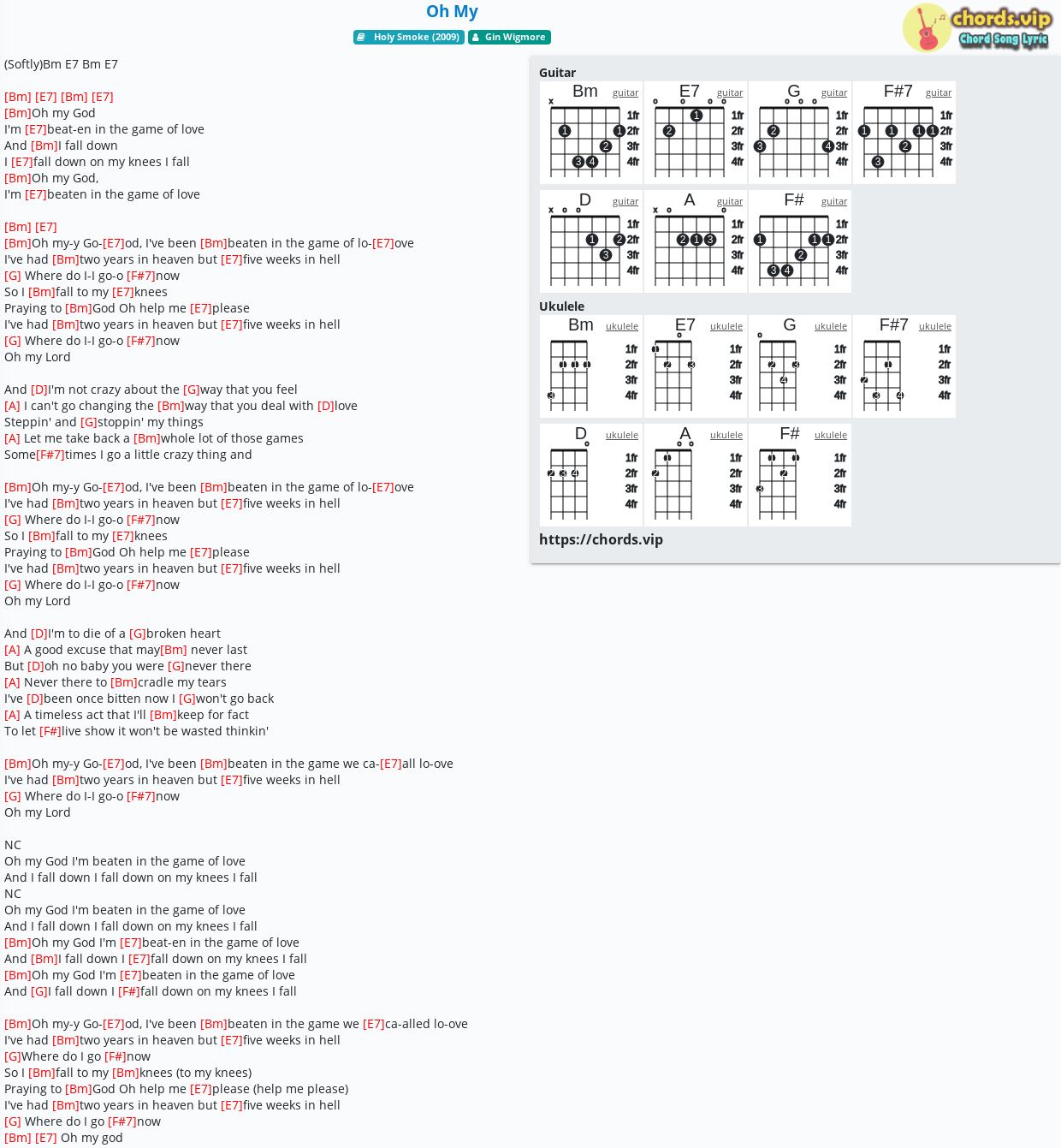 Chord Oh My Gin Wigmore tab, song lyric, sheet, guitar, ukulele