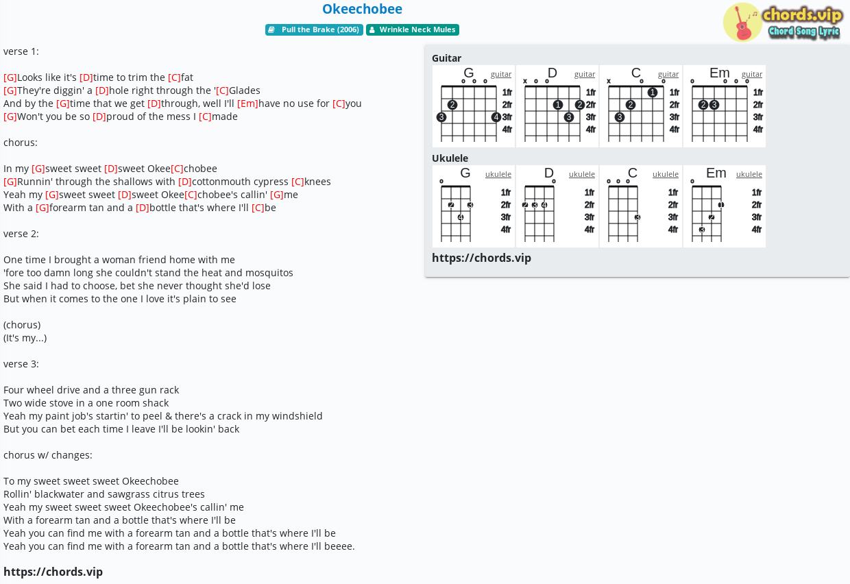 Chord Okeechobee Wrinkle Neck Mules Tab Song Lyric Sheet Guitar Ukulele Chords Vip
