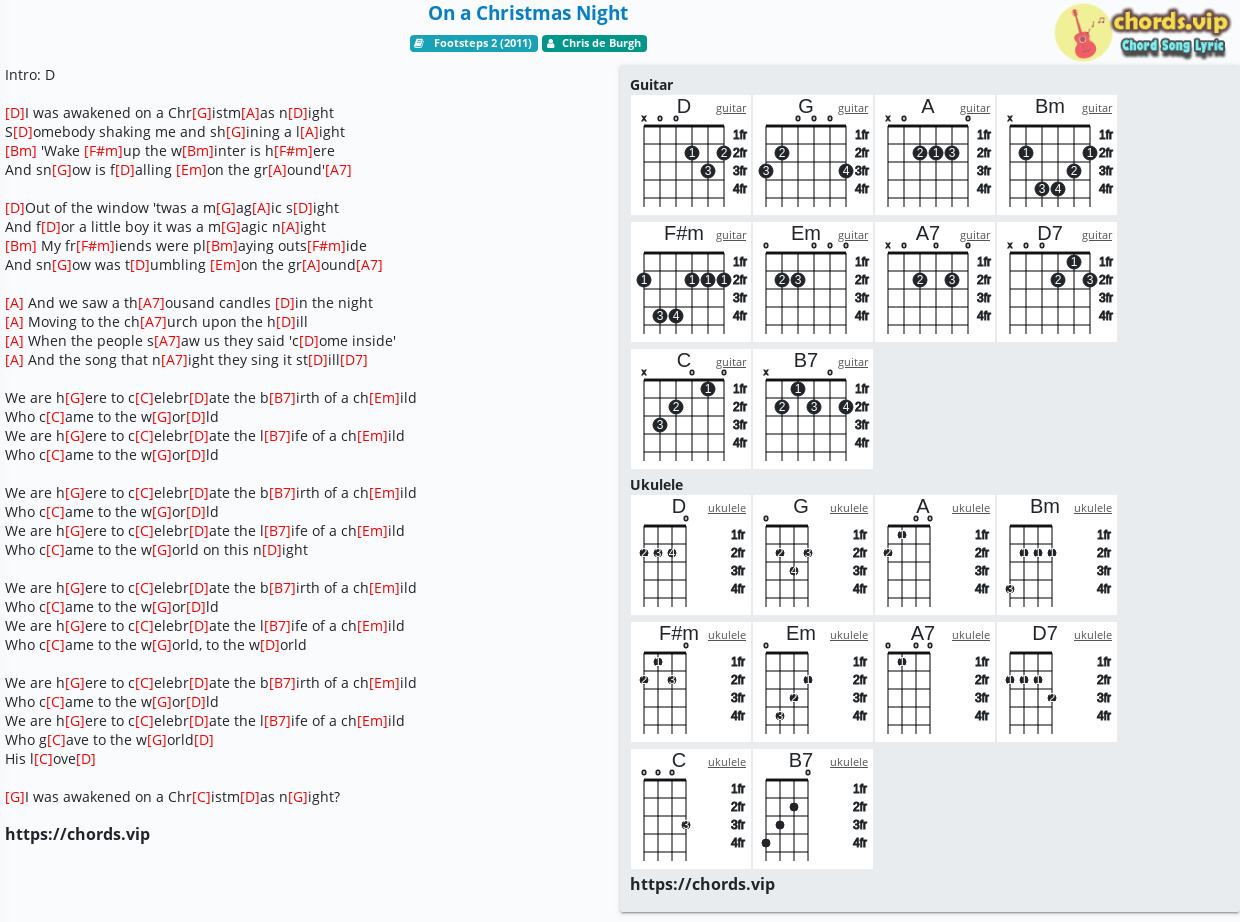 Chord On A Christmas Night Chris De Burgh Tab Song Lyric Sheet Guitar Ukulele Chords Vip