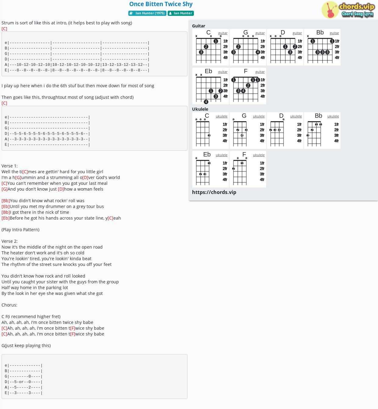 Chord Once Bitten Twice Shy Ian Hunter Tab Song Lyric Sheet Guitar Ukulele Chords Vip