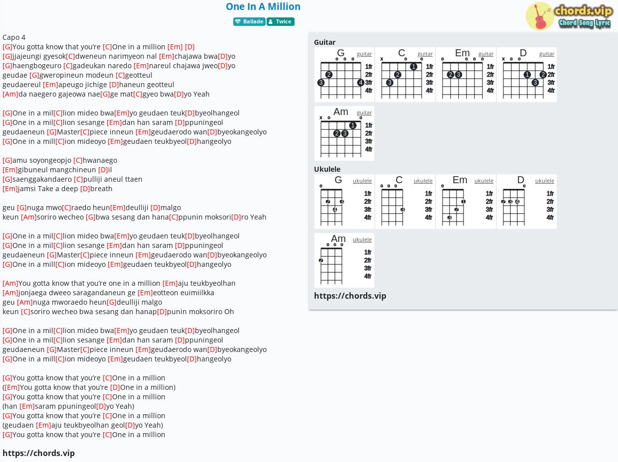 Chord One In A Million Twice Tab Song Lyric Sheet Guitar Ukulele Chords Vip