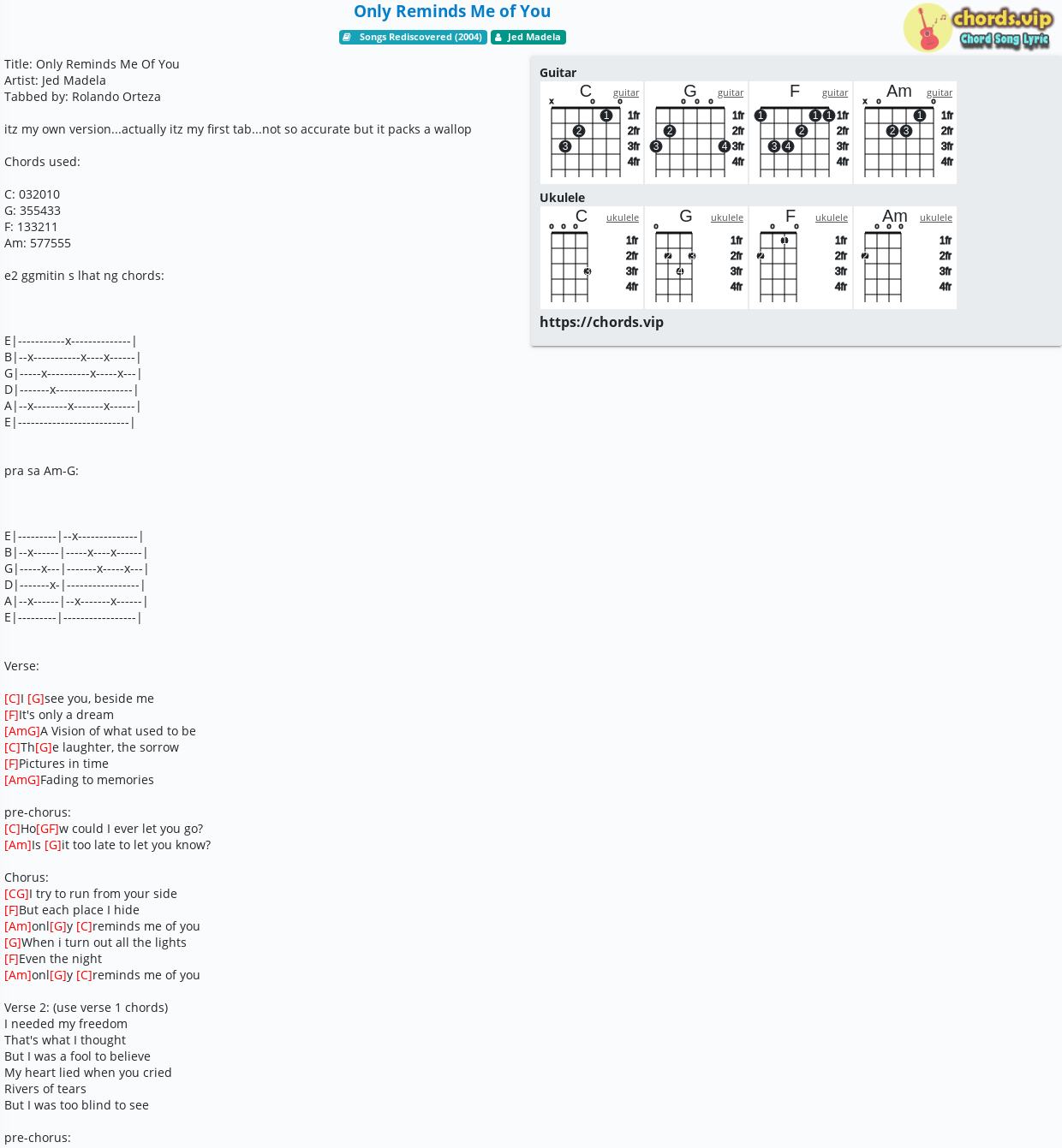 Chord Only Reminds Me Of You Jed Madela Tab Song Lyric Sheet Guitar Ukulele Chordsvip 