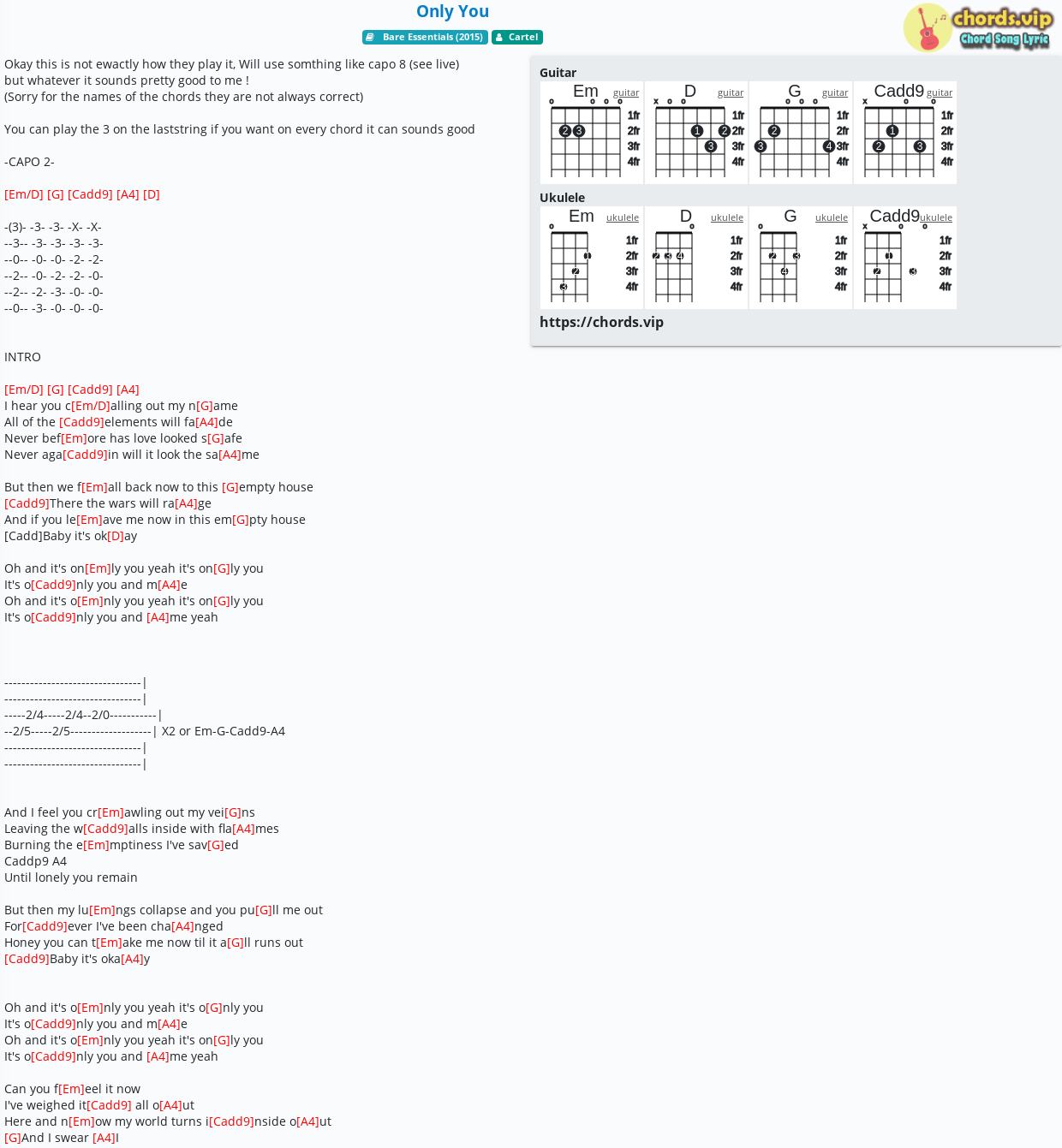 Chord Only You Cartel Tab Song Lyric Sheet Guitar Ukulele Chords Vip