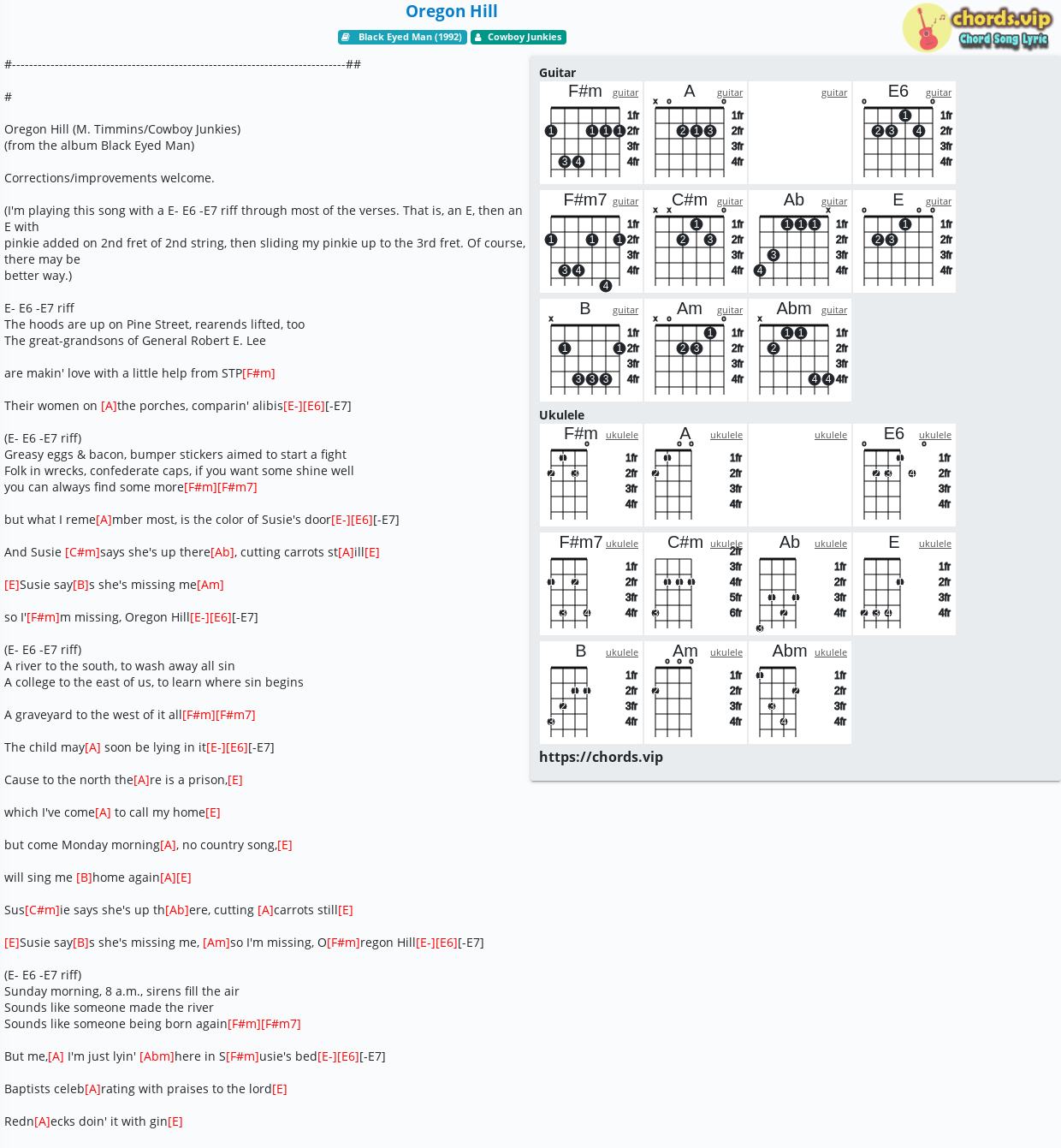 Chord Oregon Hill Cowboy Junkies Tab Song Lyric Sheet Guitar Ukulele Chords Vip