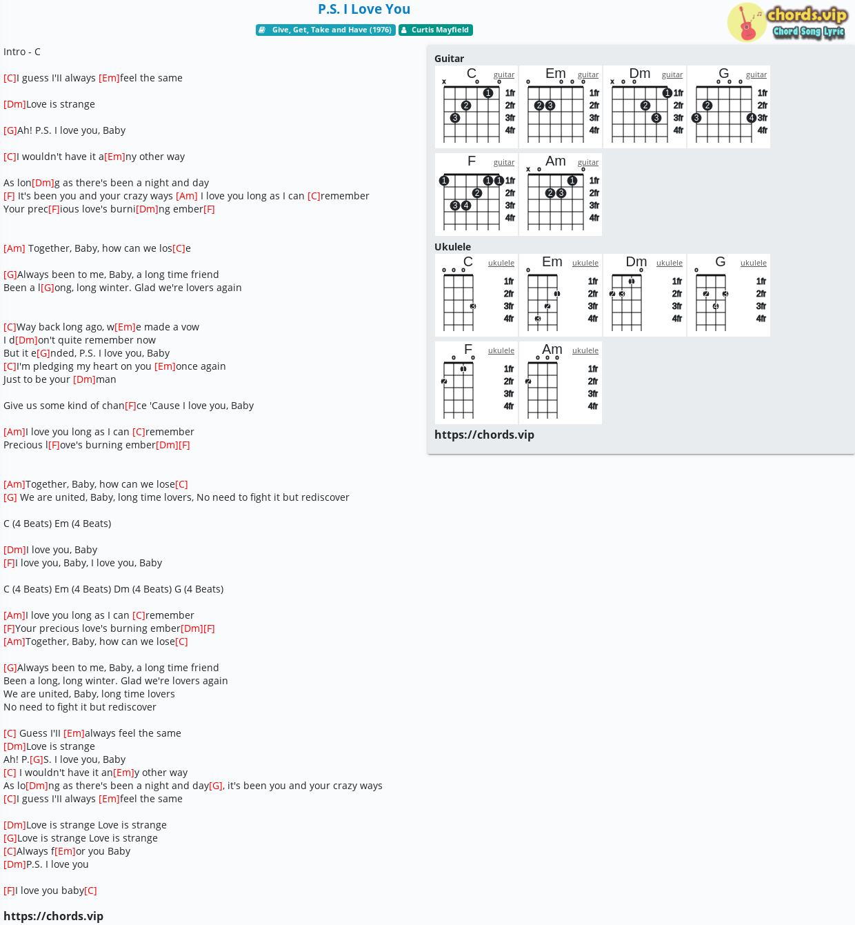 Chord P S I Love You Curtis Mayfield Tab Song Lyric Sheet Guitar Ukulele Chords Vip