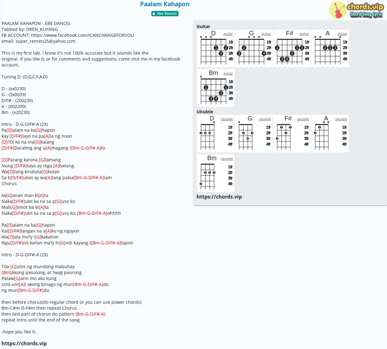 Chord: Paalam Kahapon - Ebe Dancel - tab, song lyric, sheet, guitar