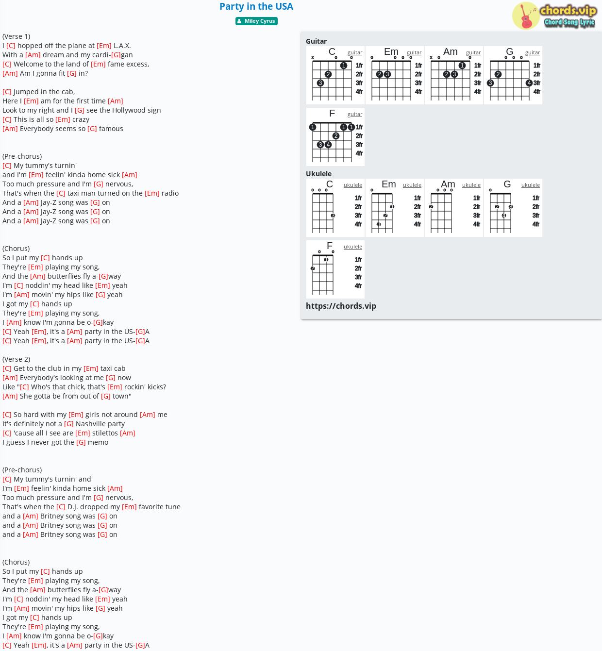 Chord Party In The Usa Miley Cyrus Tab Song Lyric Sheet Guitar Ukulele Chords Vip