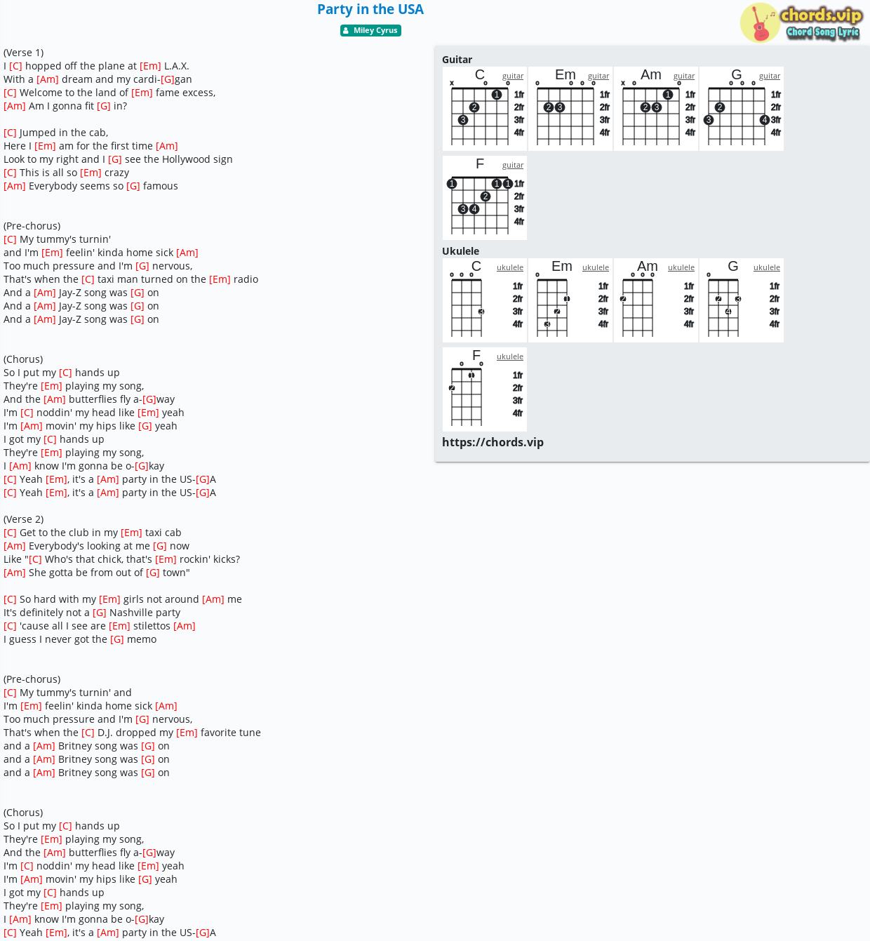 Chord: Party in the USA - Miley Cyrus - tab, song lyric, sheet, guitar