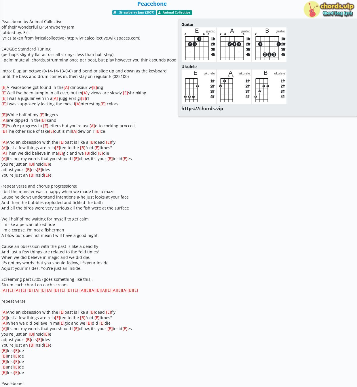 Chord: Peacebone - Animal Collective - tab, song lyric, sheet, guitar, ukulele Chord: Peacebone - Animal Collective - tab, song lyric, sheet, guitar, ukulele