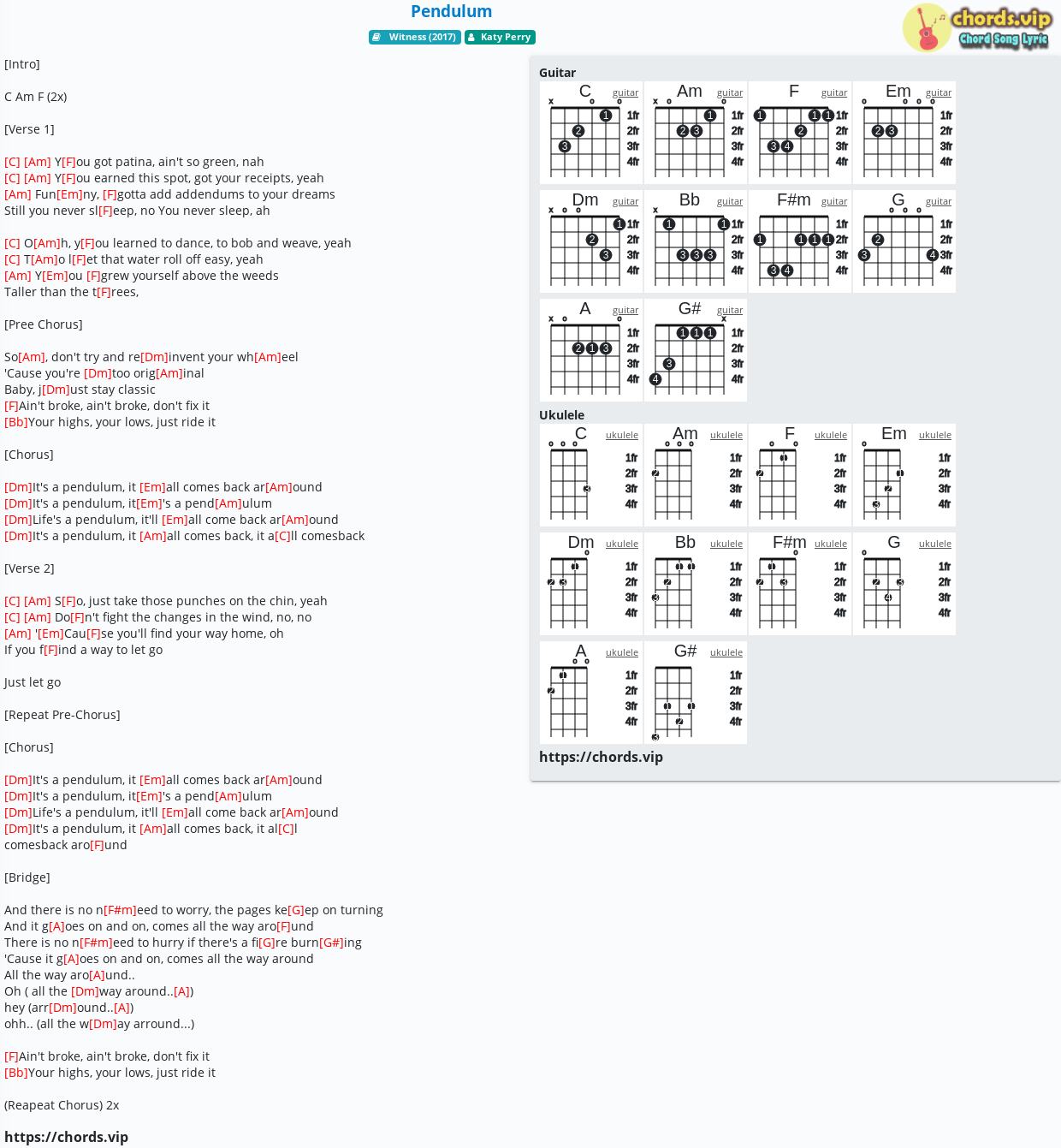 Chord Pendulum Katy Perry Tab Song Lyric Sheet Guitar Ukulele Chords Vip