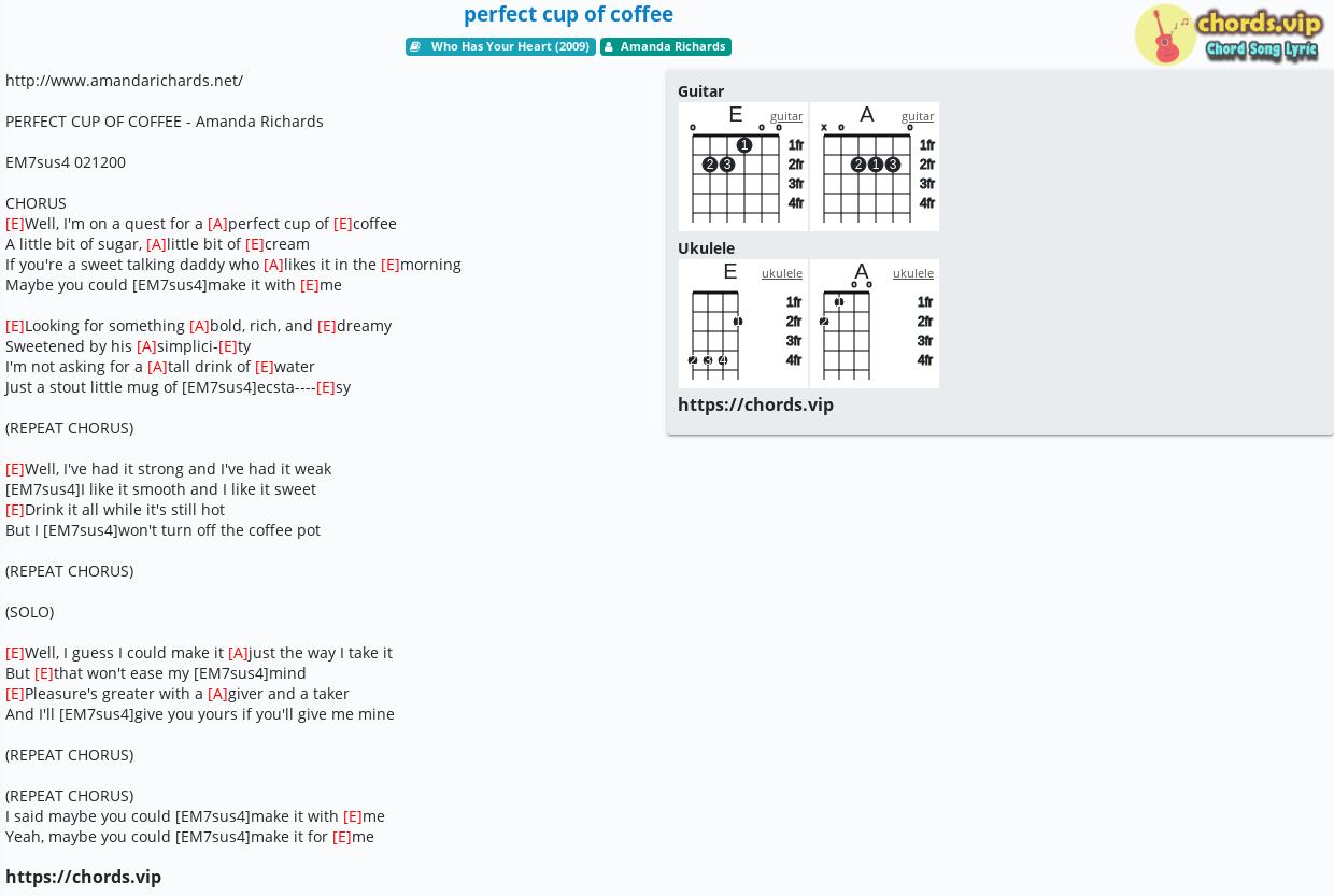 Chord Perfect Cup Of Coffee Amanda Richards Tab Song Lyric Sheet Guitar Ukulele Chords Vip