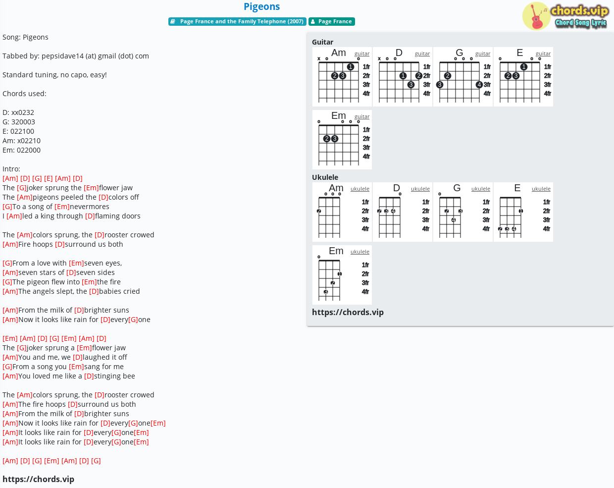 Chord Pigeons Page France Tab Song Lyric Sheet Guitar Ukulele Chords Vip Chord Pigeons Page France Tab Song Lyric Sheet Guitar Ukulele Chords Vip