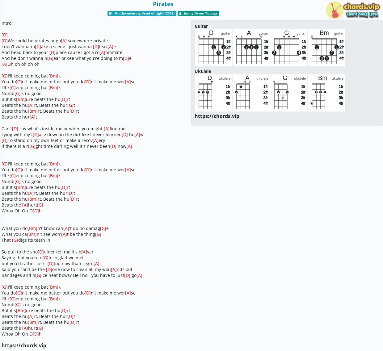Chord Pirates Jenny Owen Youngs Tab Song Lyric Sheet Guitar Ukulele Chords Vip