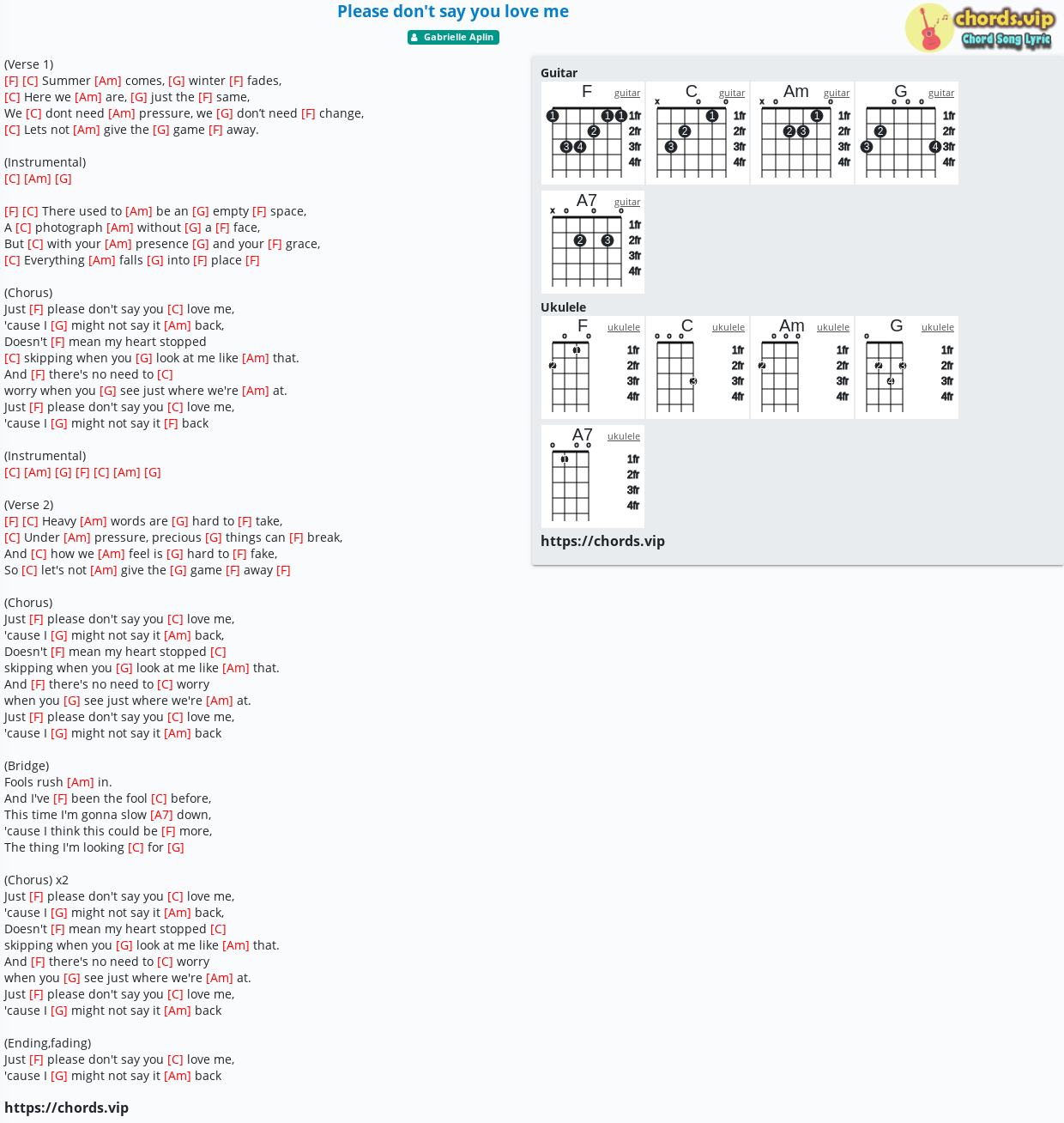 Chord Please Don T Say You Love Me Gabrielle Aplin Tab Song Lyric Sheet Guitar Ukulele Chords Vip