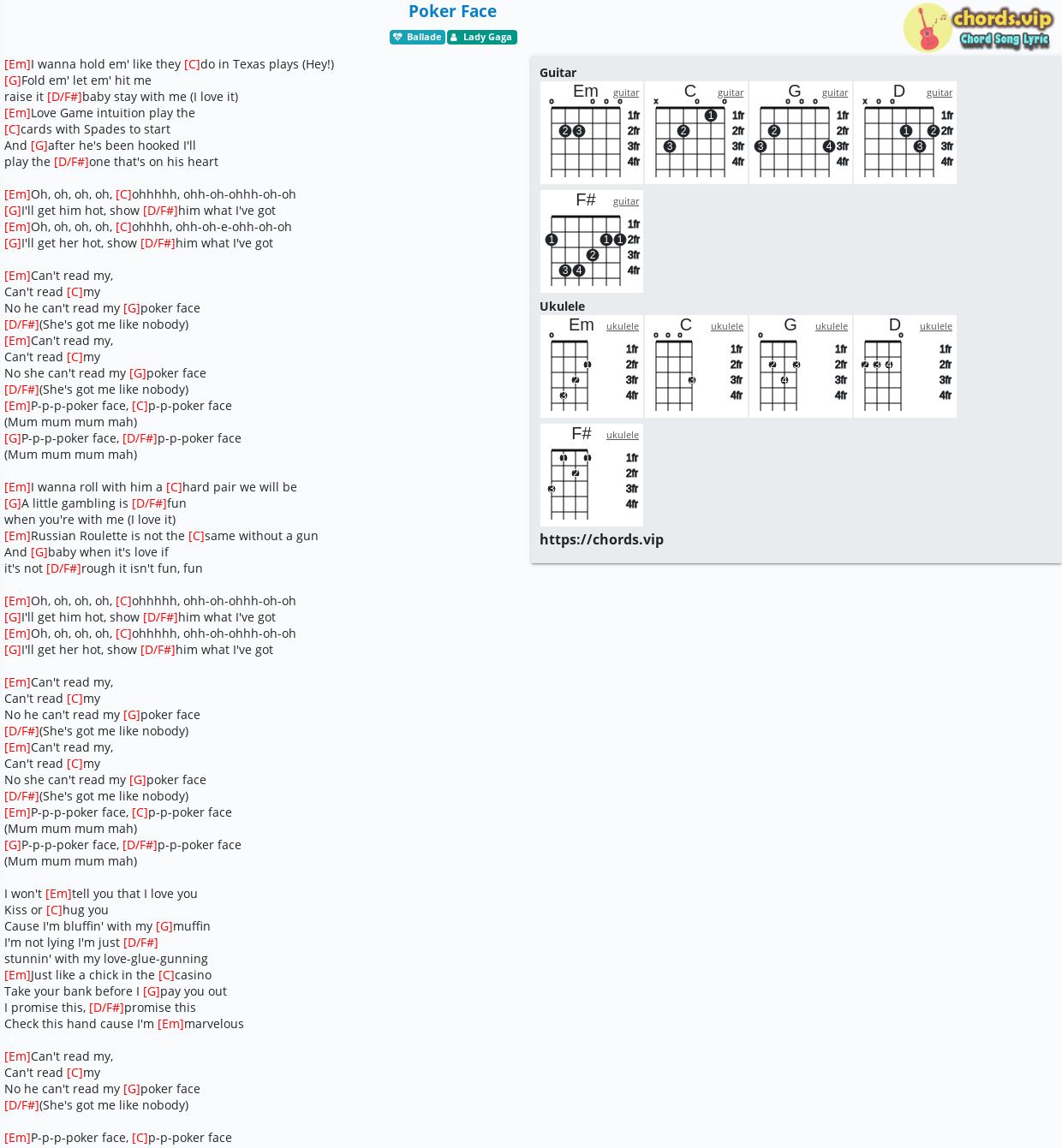 Chord Poker Face Lady Gaga Tab Song Lyric Sheet Guitar Ukulele Chords Vip