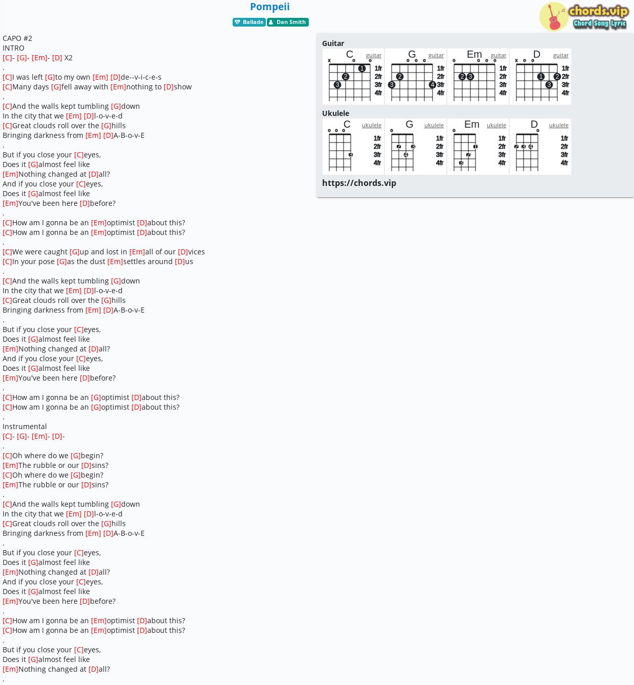 Chord: Pompeii - tab, song lyric, sheet, guitar, ukulele | chords.vip