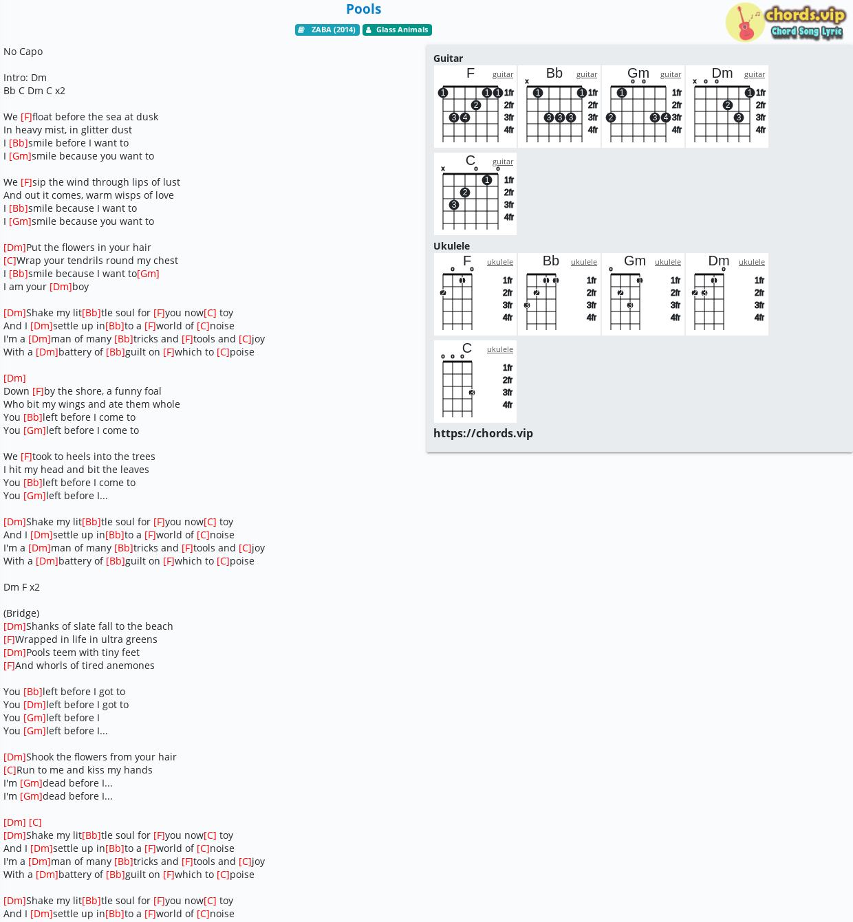 Chord: Pools - Glass Animals - tab, song lyric, sheet, guitar, ukulele
