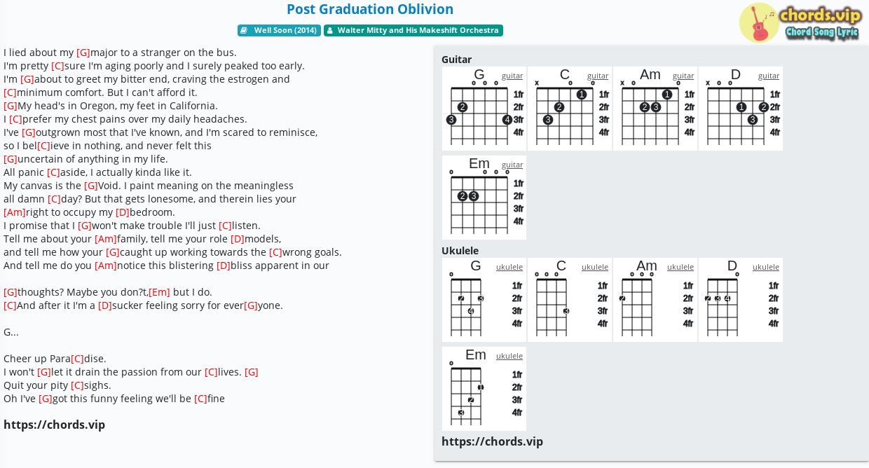 Bedrift Underholde Ring tilbage Chord: Post Graduation Oblivion - Walter Mitty and His Makeshift Orchestra  - tab, song lyric, sheet, guitar, ukulele | chords.vip