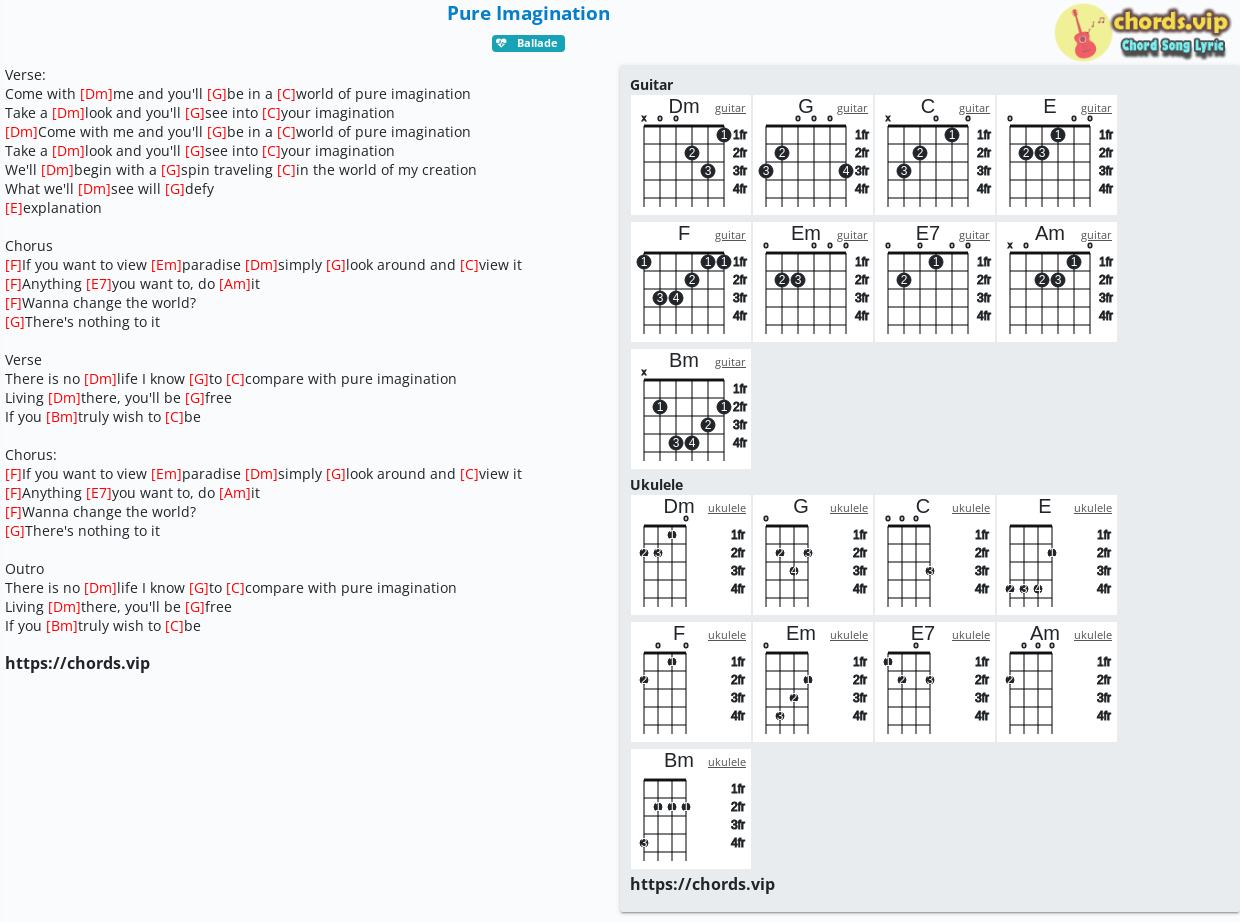 Chord: Pure Imagination - tab, song lyric, sheet, guitar, ukulele