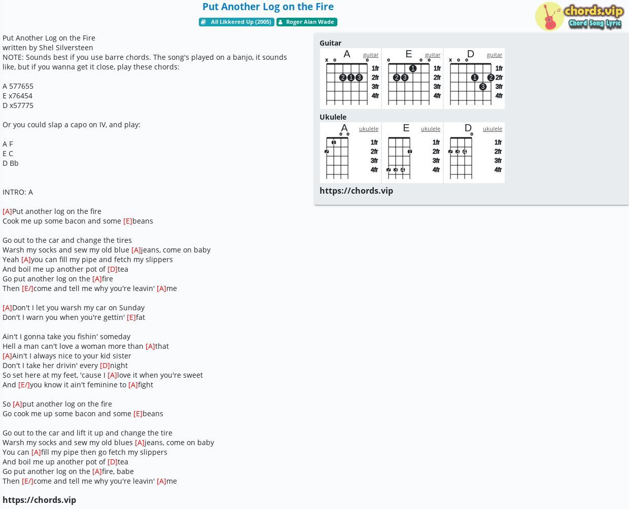 Chord Put Another Log on the Fire tab, song lyric, sheet, guitar