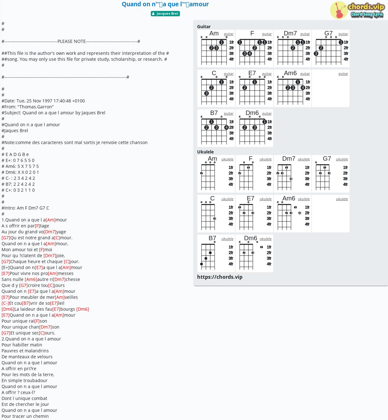Chord Quand On N A Que L Amour Jacques Brel Tab Song Lyric Sheet Guitar Ukulele Chords Vip