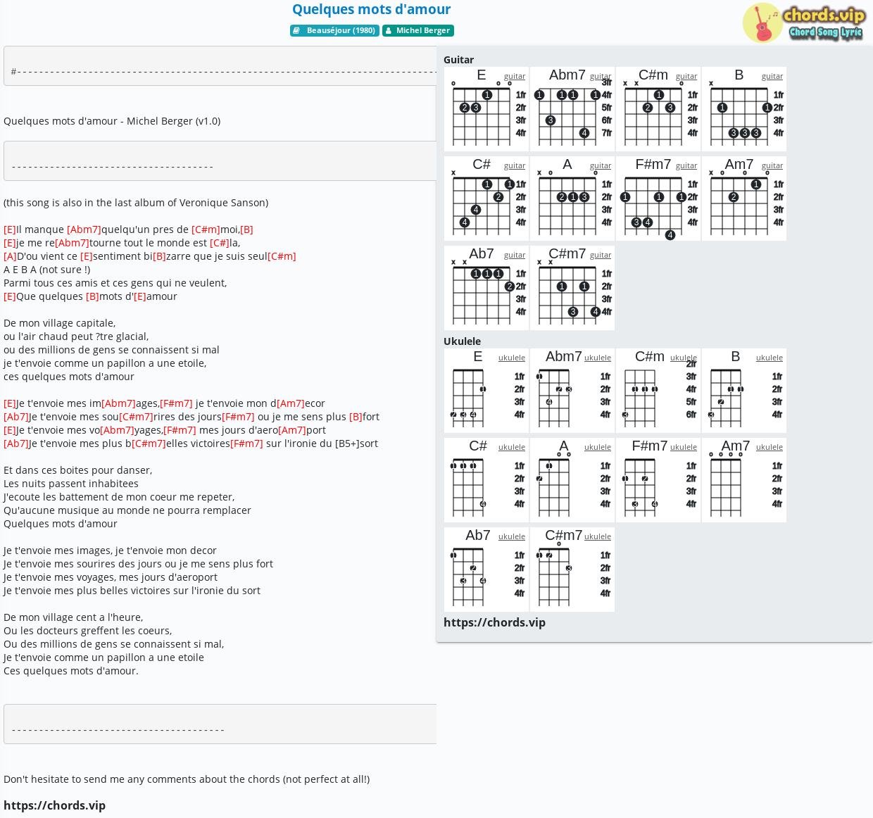 Chord Quelques Mots D Amour Michel Berger Tab Song Lyric Sheet Guitar Ukulele Chords Vip