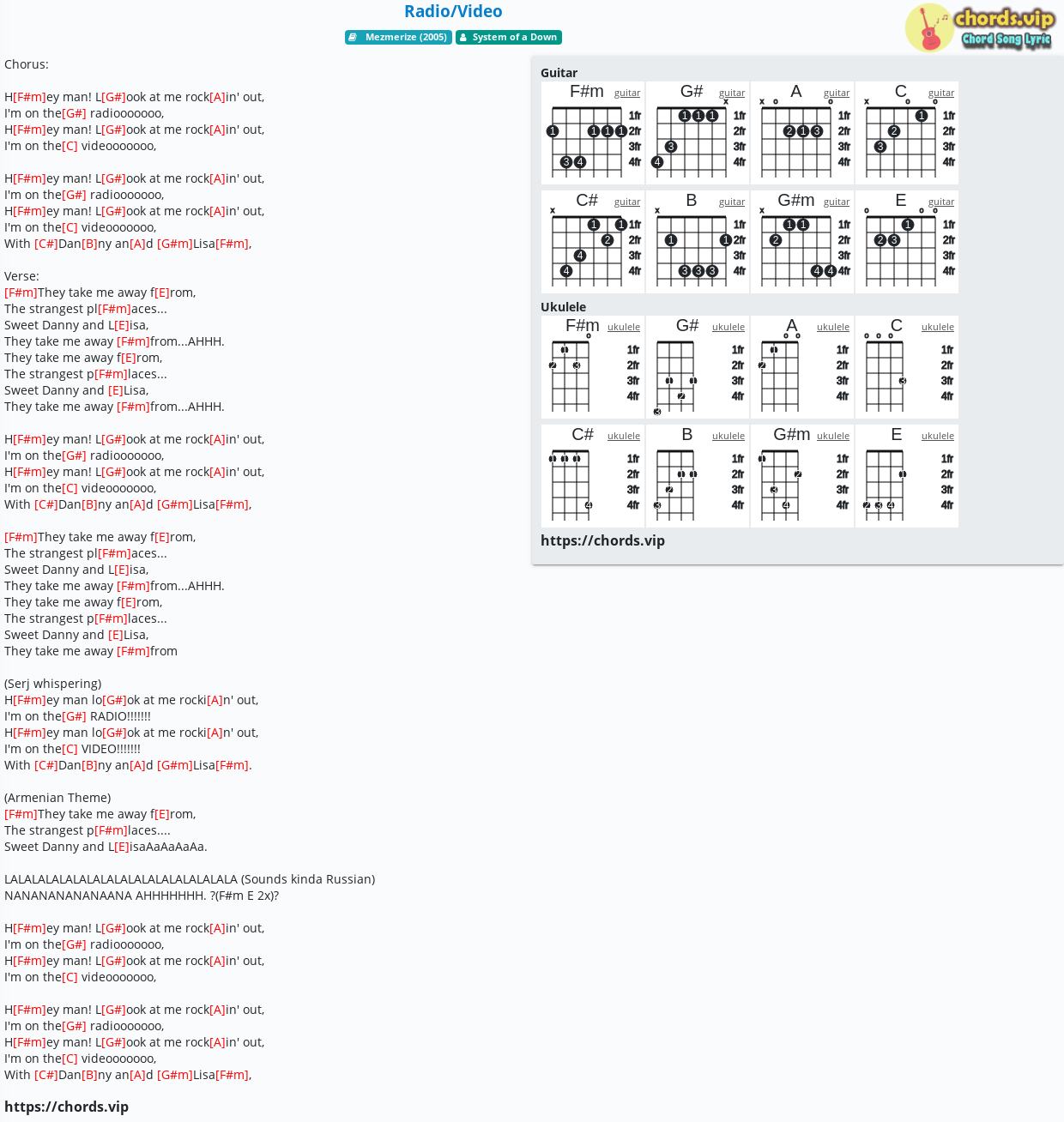 Chord: Radio/Video - System of a Down - tab, song lyric, sheet, guitar