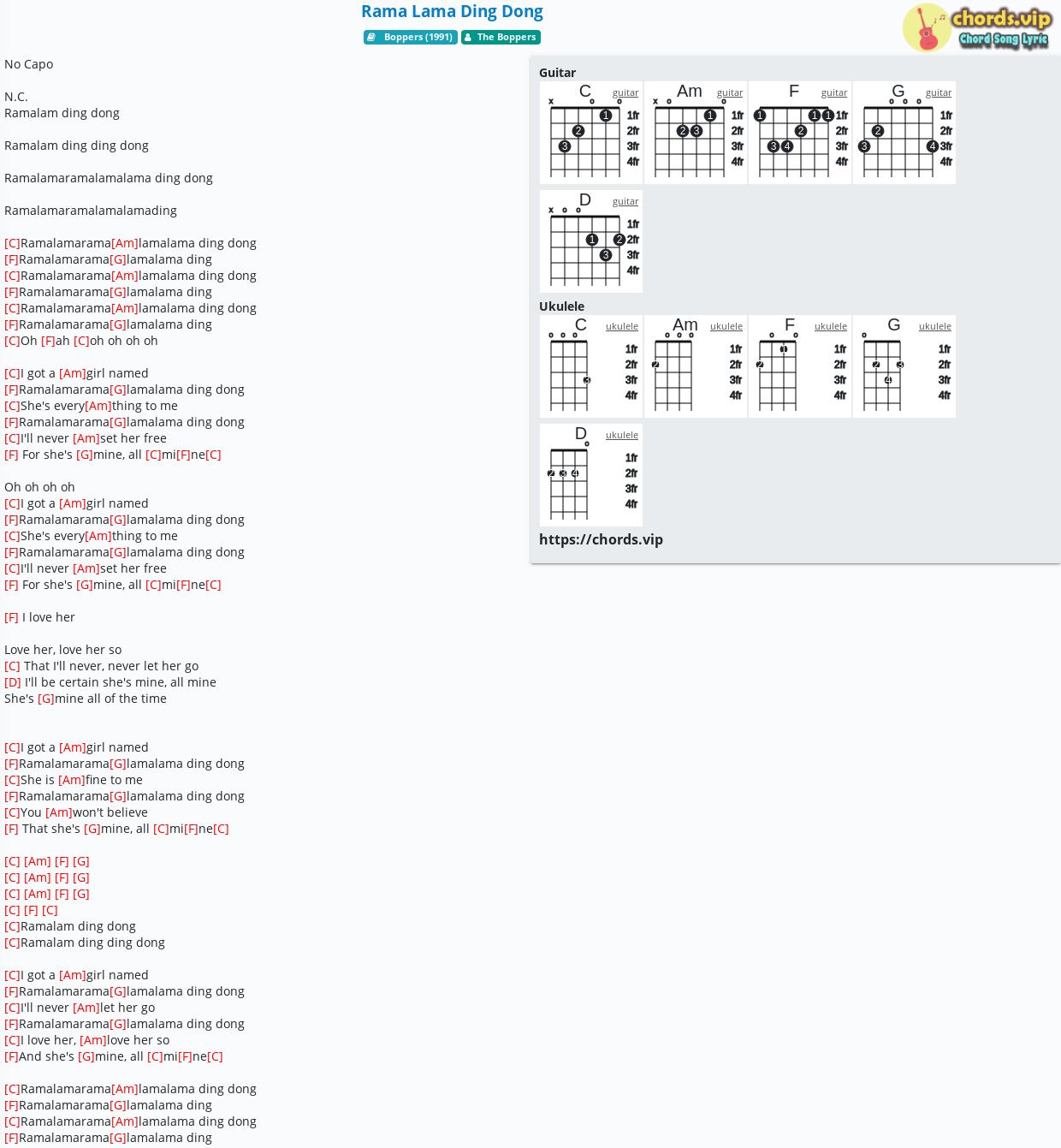 Chord Rama Lama Ding Dong The Boppers Tab Song Lyric Sheet Guitar Ukulele Chords Vip