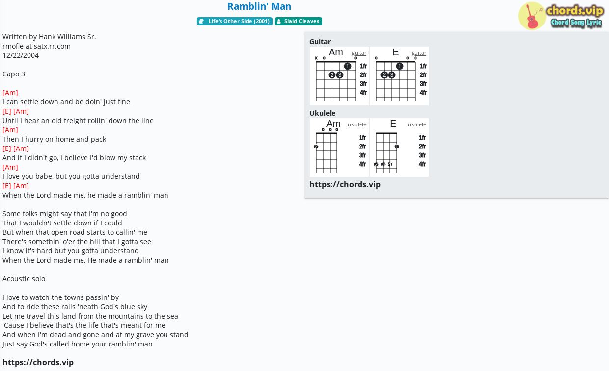 Chord Ramblin' Man Slaid Cleaves tab, song lyric, sheet, guitar