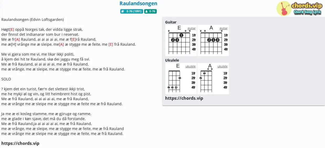 Chord Raulandsongen E 76 Tab Song Lyric Sheet Guitar Ukulele Chords Vip