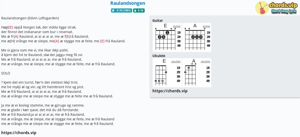 Chord Raulandsongen E 76 Tab Song Lyric Sheet Guitar Ukulele Chords Vip