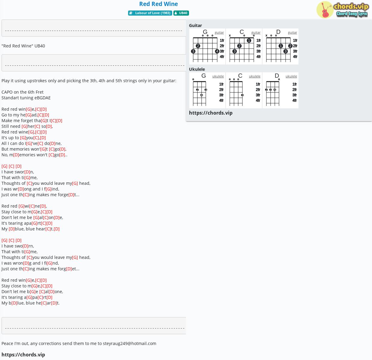 Chord: Red Red Wine - Neil Diamond,UB40 - tab, song lyric, sheet, guitar, ukulele chords.vip