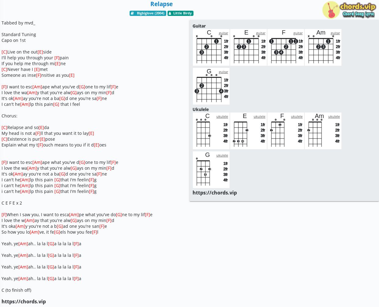 Chord Relapse Little Birdy Tab Song Lyric Sheet Guitar Ukulele Chords Vip