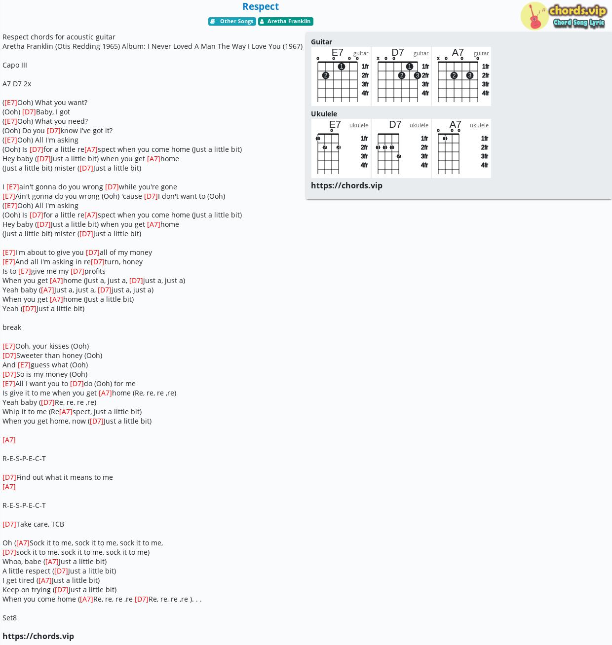 Chord Respect Aretha Franklin Tab Song Lyric Sheet Guitar Ukulele Chords Vip