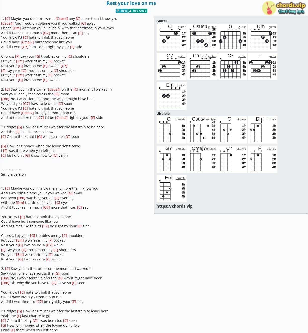Chord Rest Your Love On Me Bee Gees Conway Twitty Tab Song Lyric Sheet Guitar Ukulele Chords Vip