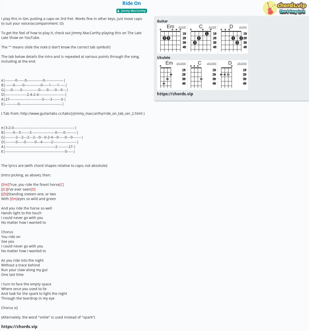 Chord Ride On Jimmy Maccarthy Tab Song Lyric Sheet Guitar Ukulele Chords Vip