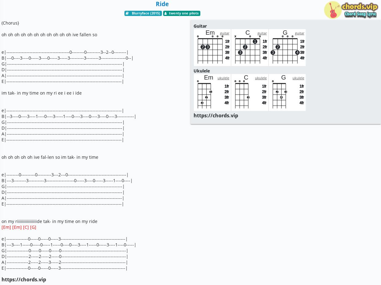 Ride - twenty one pilots - tab, song lyric, sheet, guitar, ukulele | chords.vip