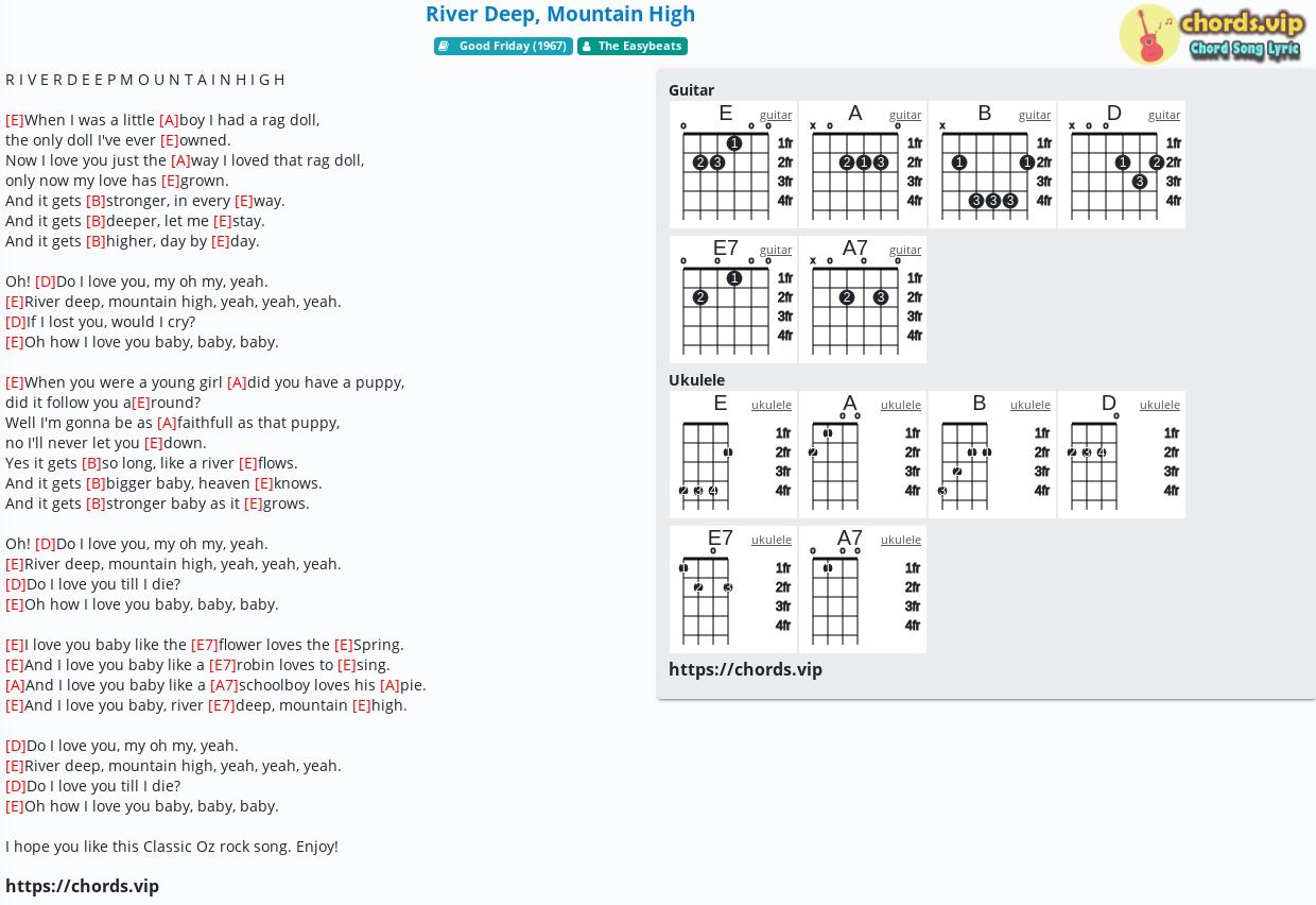 Chord River Deep Mountain High The Easybeats Tab Song Lyric Sheet Guitar Ukulele Chords Vip