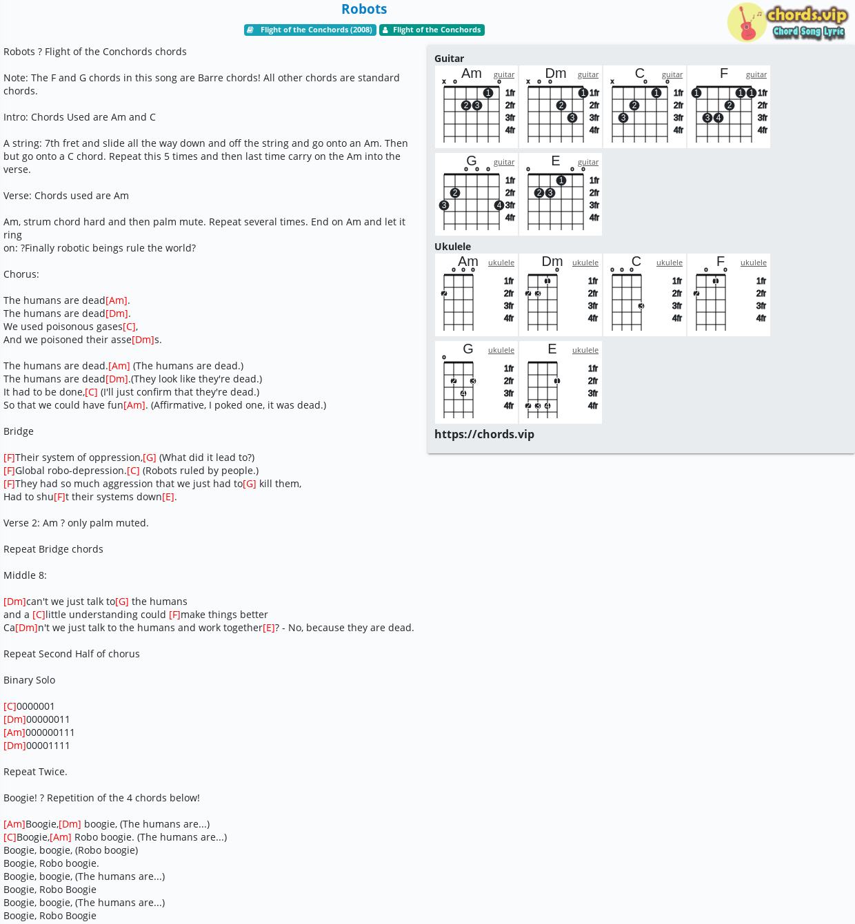 Chord Robots Flight Of The Conchords Tab Song Lyric Sheet Guitar Ukulele Chords Vip