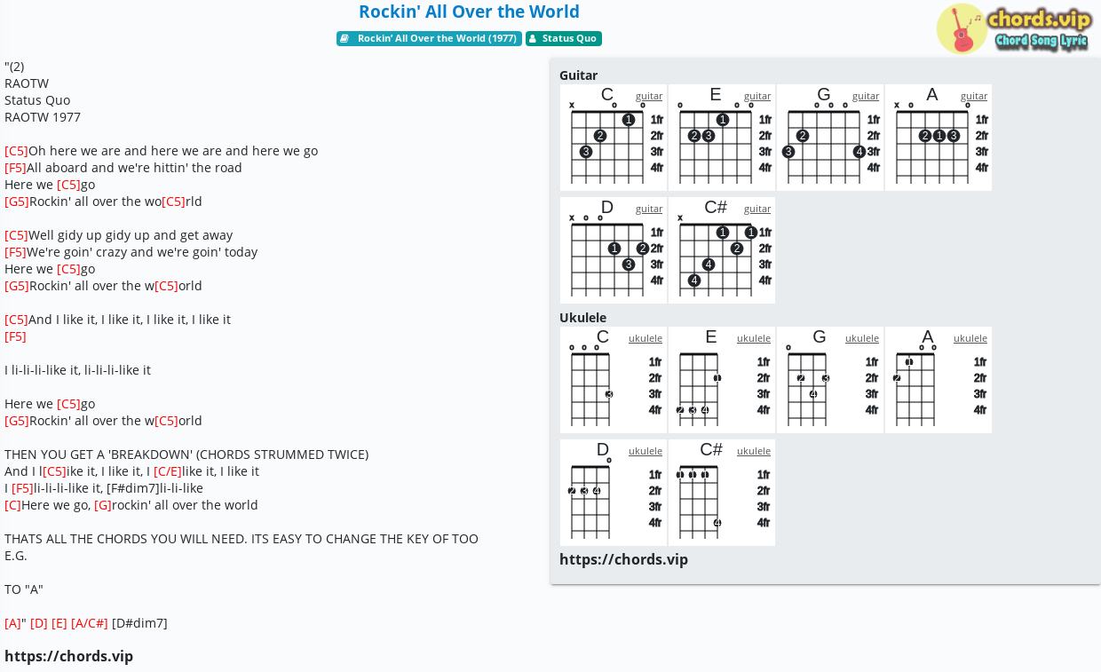Chord Rockin All Over The World Status Quo Tab Song Lyric Sheet Guitar Ukulele Chords Vip