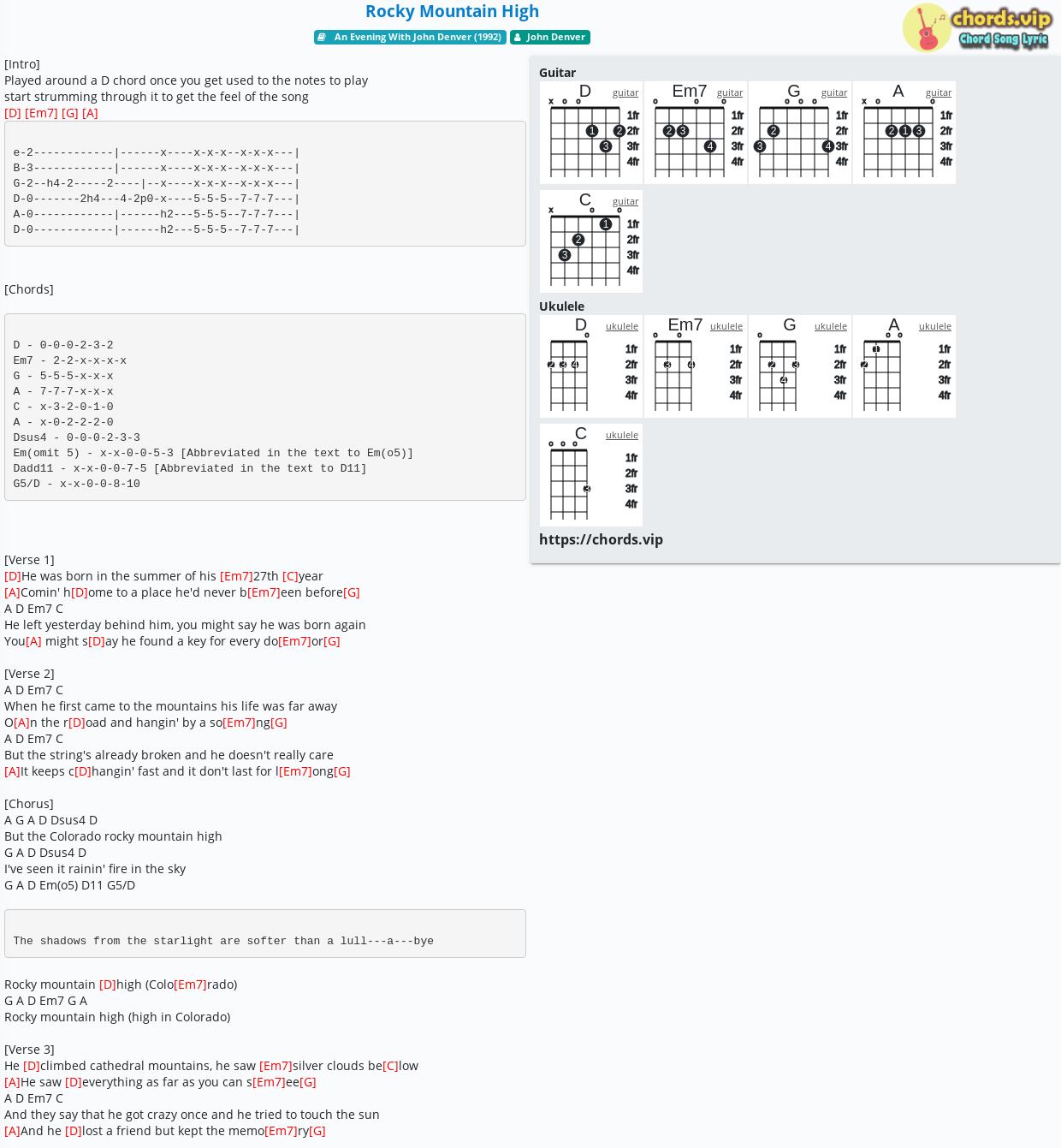 Chord Rocky Mountain High John Denver Tab Song Lyric Sheet Guitar Ukulele Chords Vip