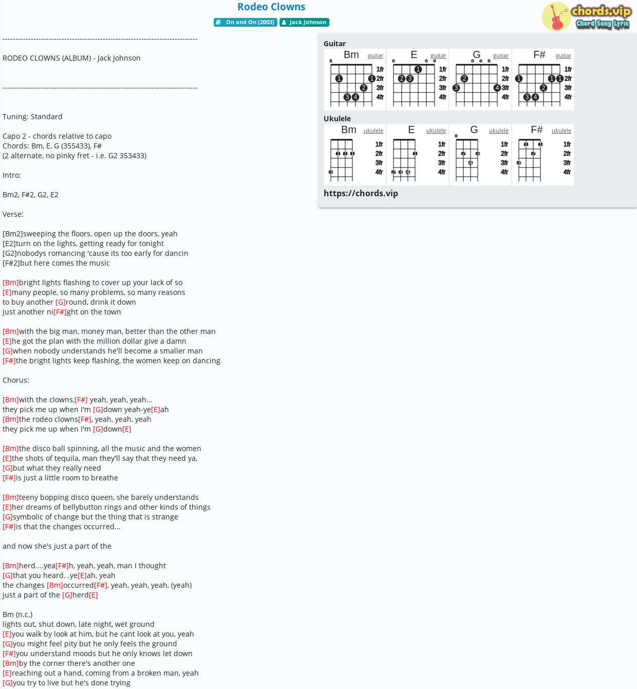 Chord Rodeo Clowns Jack Johnson Tab Song Lyric Sheet Guitar Ukulele Chords Vip