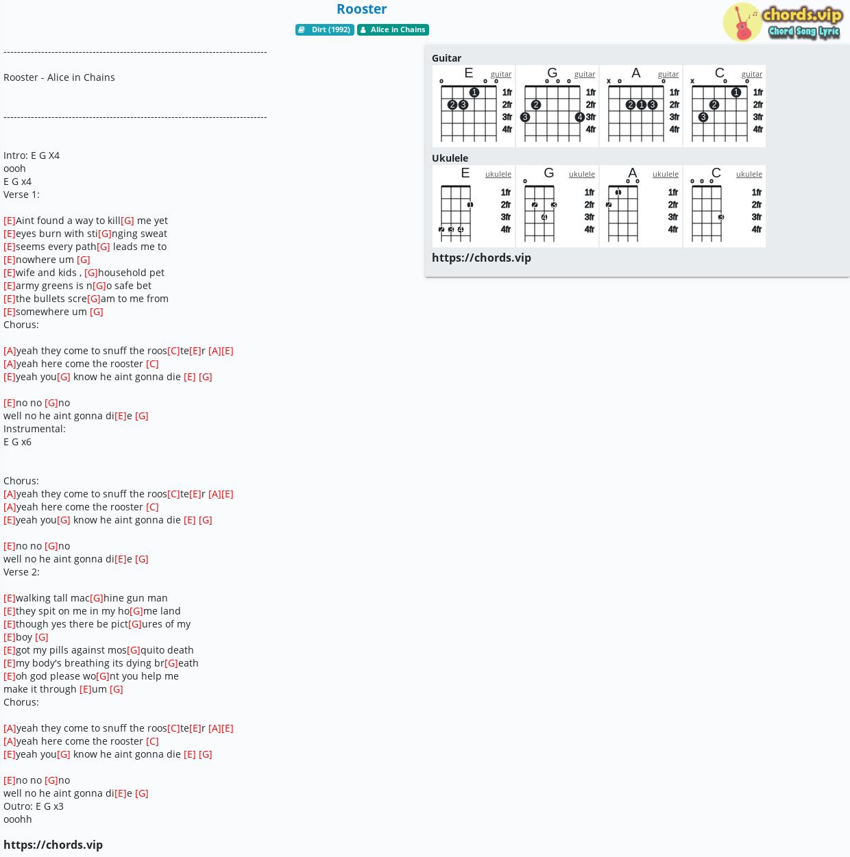 Chord Rooster Alice In Chains Tab Song Lyric Sheet Guitar Ukulele Chords Vip