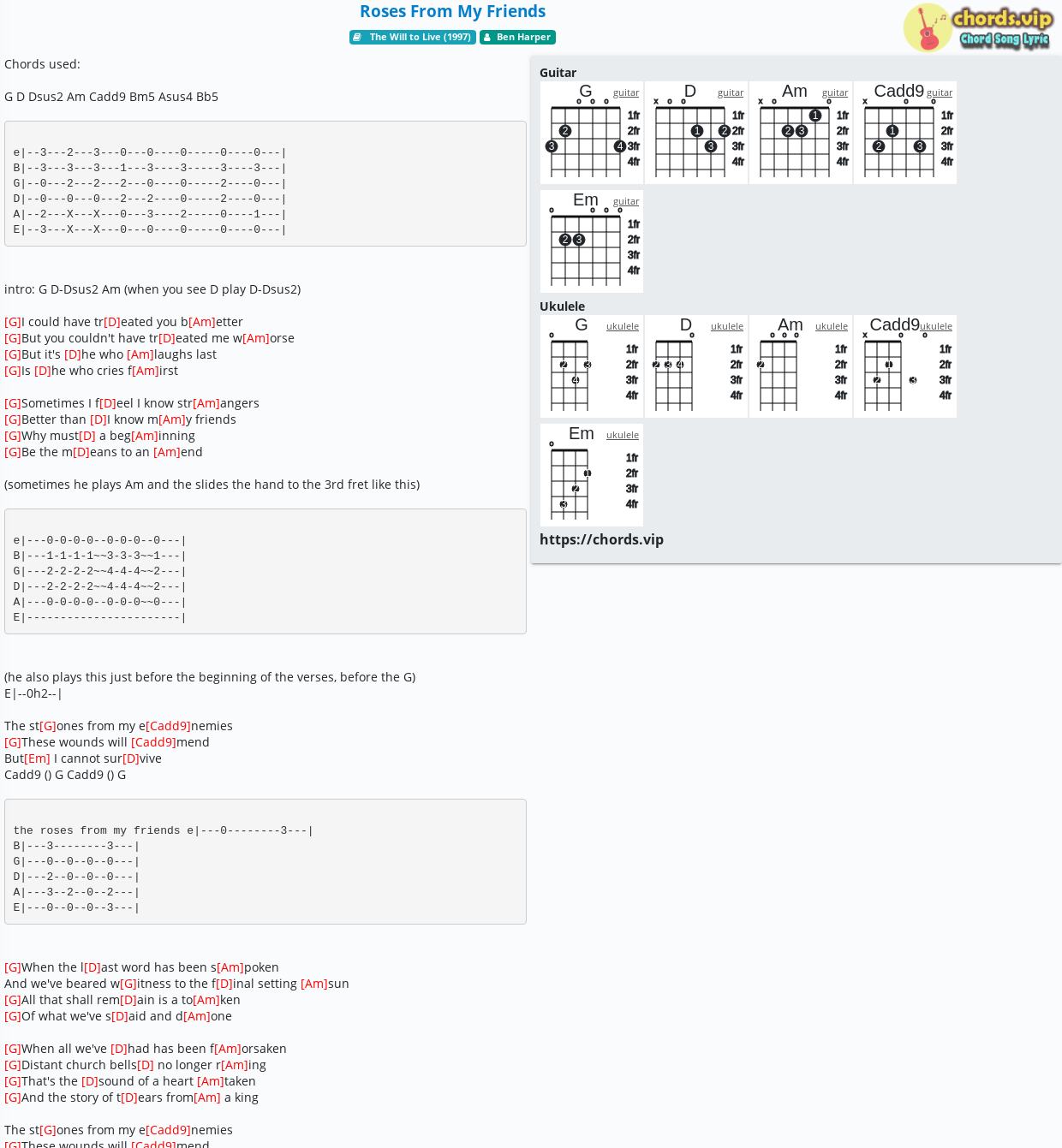 Chord Roses From My Friends Ben Harper Tab Song Lyric Sheet Guitar Ukulele Chords Vip