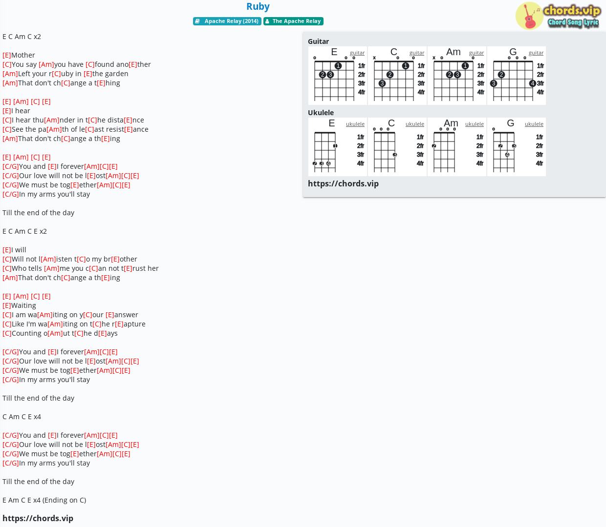 Chord Ruby The Apache Relay Tab Song Lyric Sheet Guitar Ukulele Chords Vip