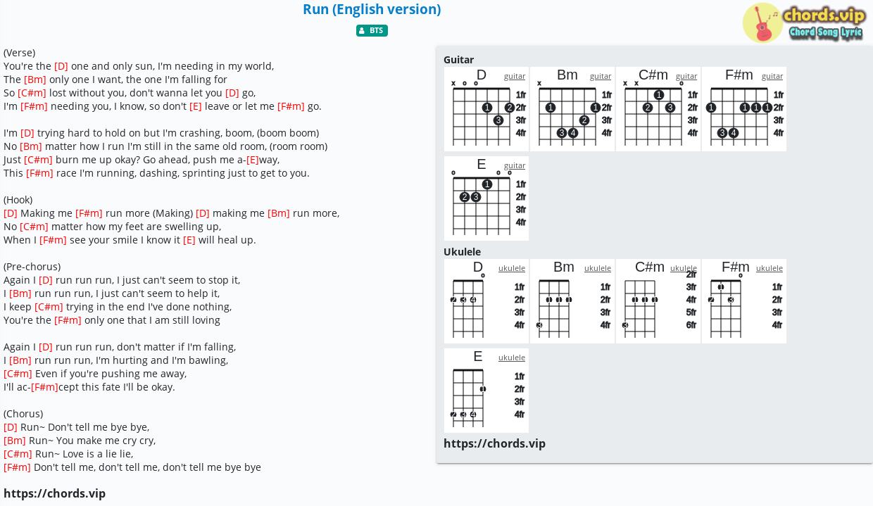 Chord Run English Version Bts Tab Song Lyric Sheet Guitar Ukulele Chords Vip