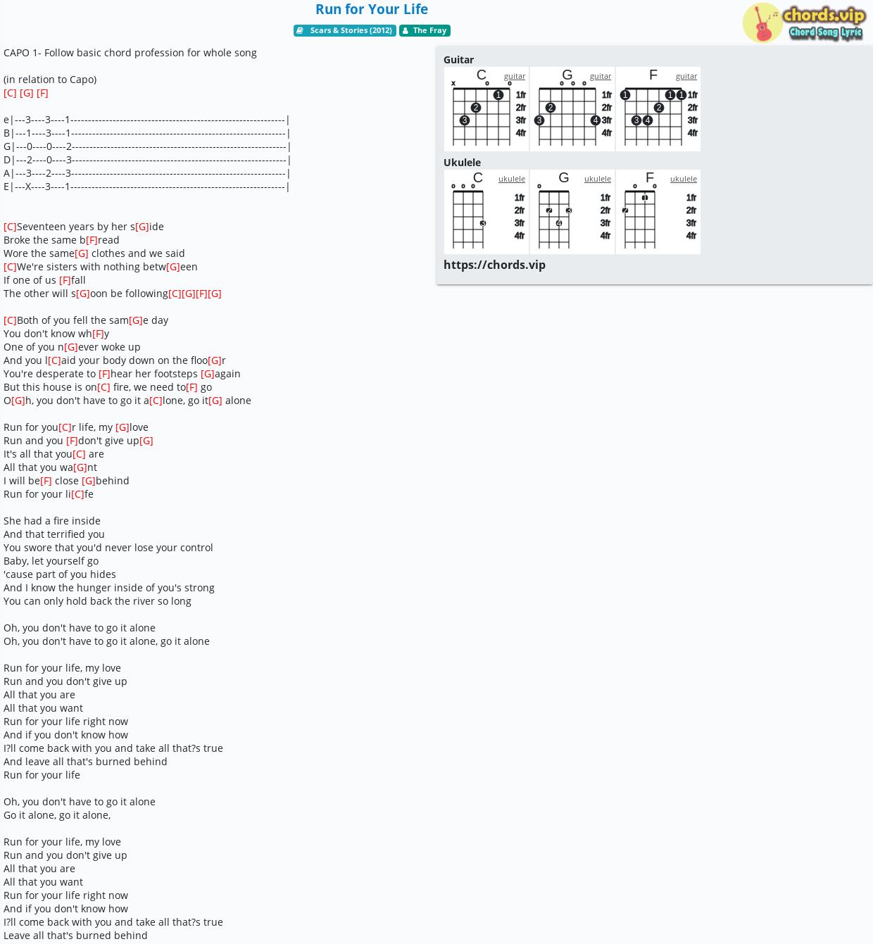 Chord Run For Your Life The Fray Tab Song Lyric Sheet Guitar Ukulele Chords Vip