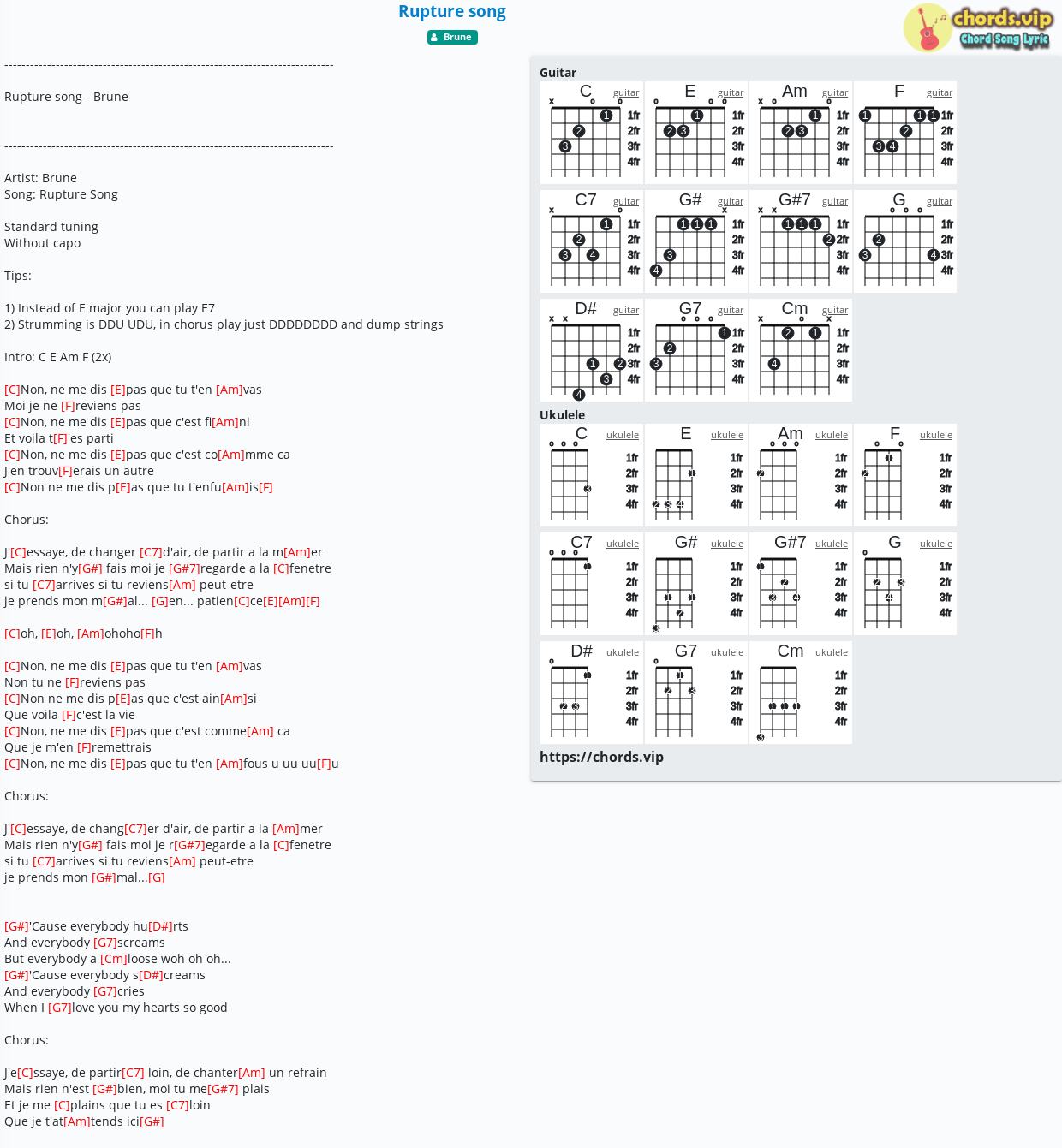 Chord Rupture Song Brune Tab Song Lyric Sheet Guitar Ukulele Chords Vip