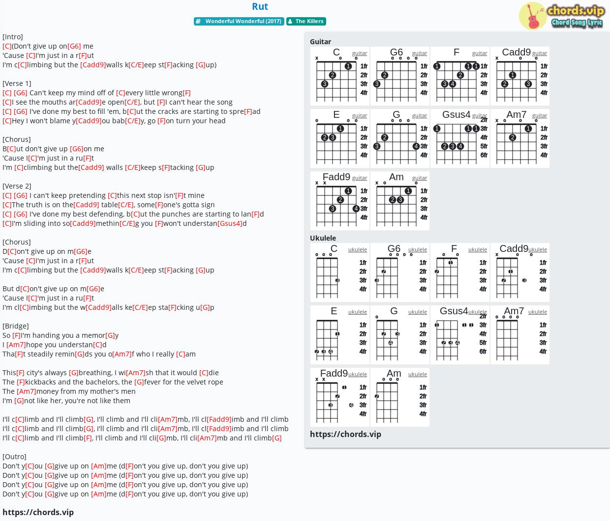 Chord Rut The Killers Tab Song Lyric Sheet Guitar Ukulele Chords Vip